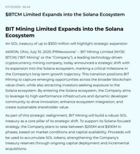 BIT Mining Eyes $300M Investment to Shift Focus to Solana Blockchain