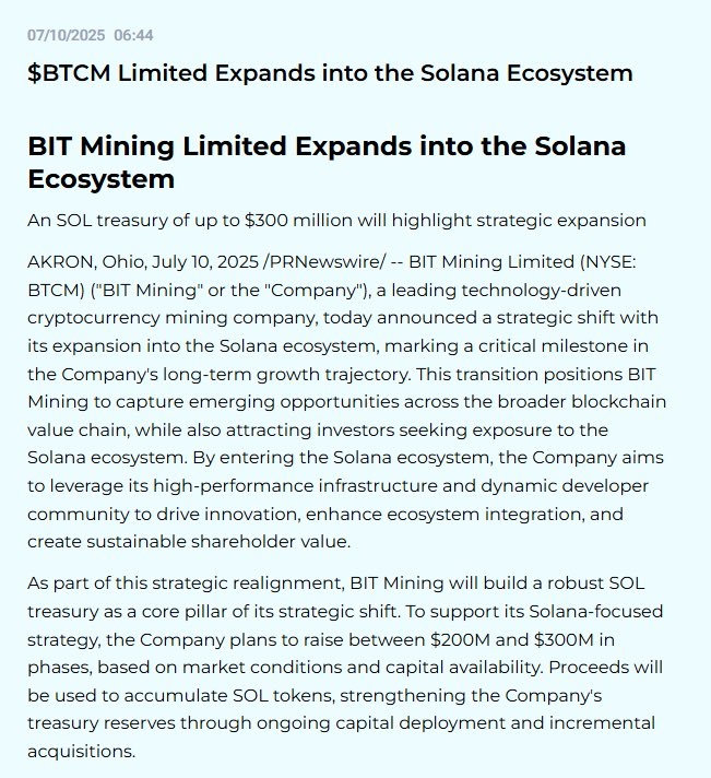 BIT Mining Eyes $300M Investment to Shift Focus to Solana Blockchain